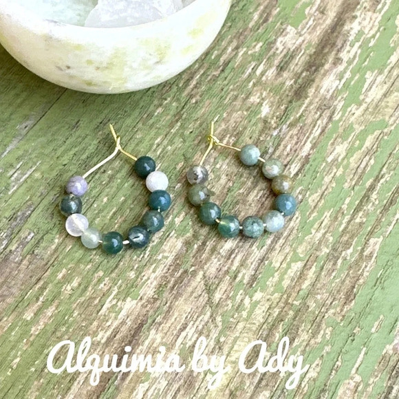 Moss agate beaded mini hoops long dangle boho earrings - Picture 1 of 6